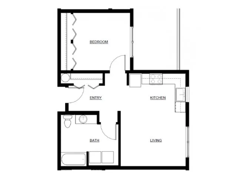 Floor plan for 1 bed, 1 bath, 619 sqft
